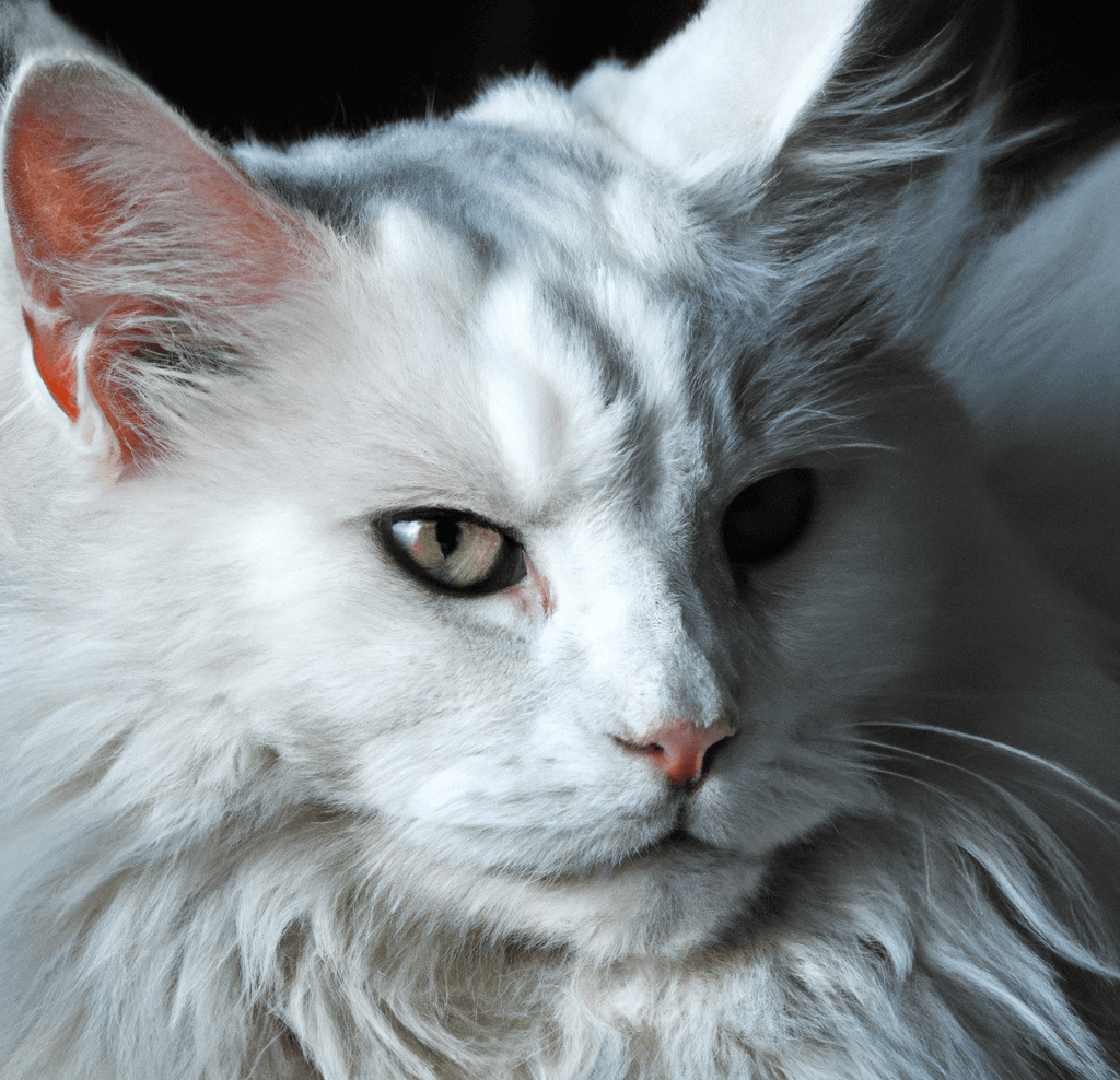 White Maine Coon with long, fluffy coat sitting peacefully