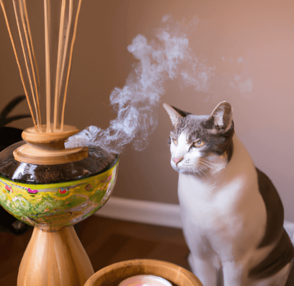 A concerned cat sits next to an incense burner, with the smoke from the burning incense visible in the background, highlighting the potential risks of incense for cats