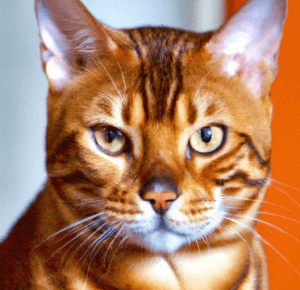 Close-up of beautiful orange Bengal cat with shimmering fur and bright eyes