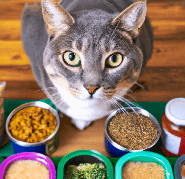 Best Cat Food For Indoor Cats. Close-up of a cat's face looking curious with a variety of cat food options in the background