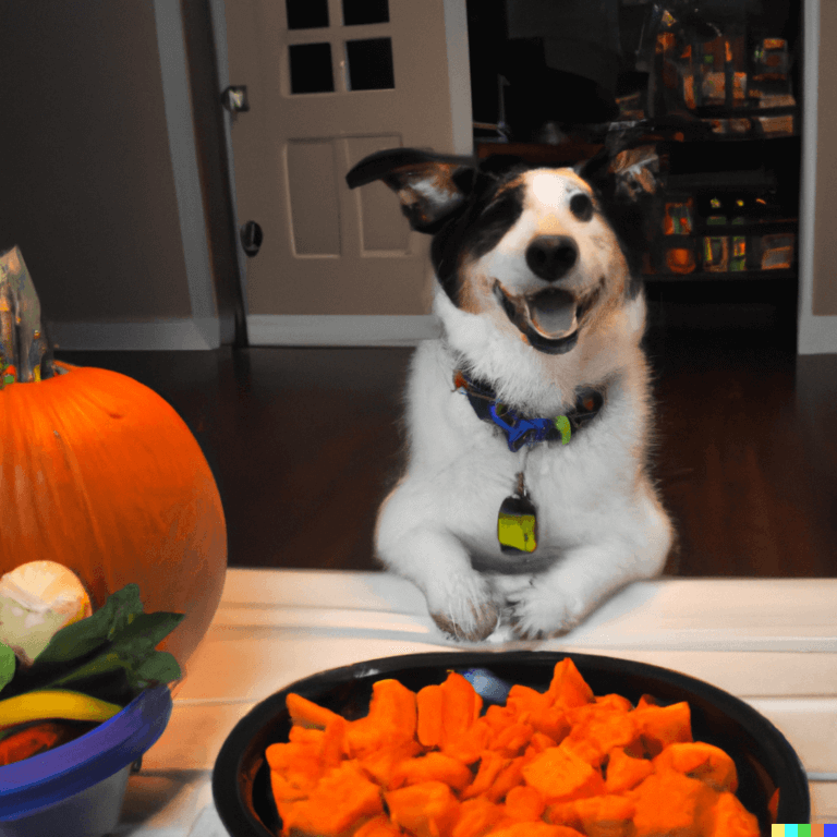 How Long Can a Dog Go Without Pooping? A happy dog with a bowl of high-fiber fruits and vegetables, representing a healthy diet as a way to maintain regular bowel movements and prevent constipation.