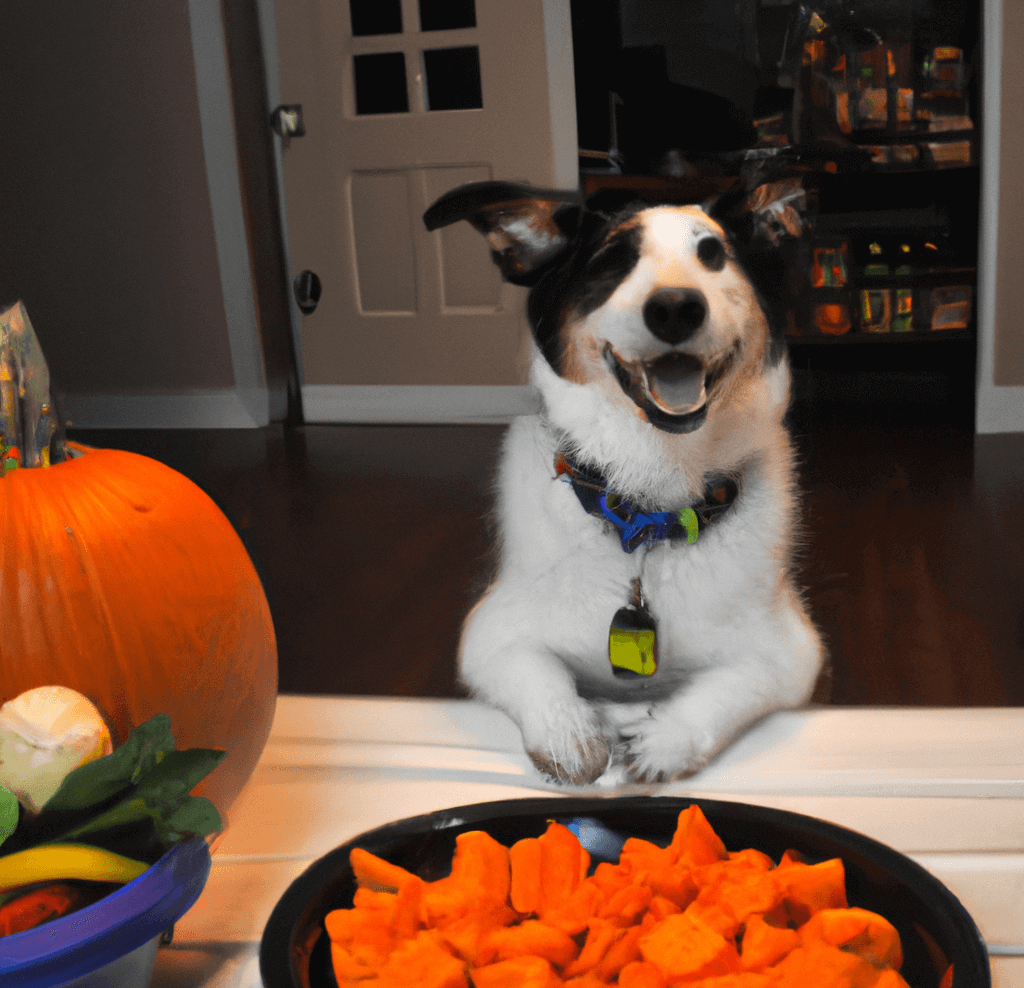 How Long Can a Dog Go Without Pooping? A happy dog with a bowl of high-fiber fruits and vegetables, representing a healthy diet as a way to maintain regular bowel movements and prevent constipation.