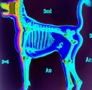 How Many Bones Does a Dog Have? Diagram of a dog's skeleton highlighting the various bones including skull, spine, ribs, and limbs