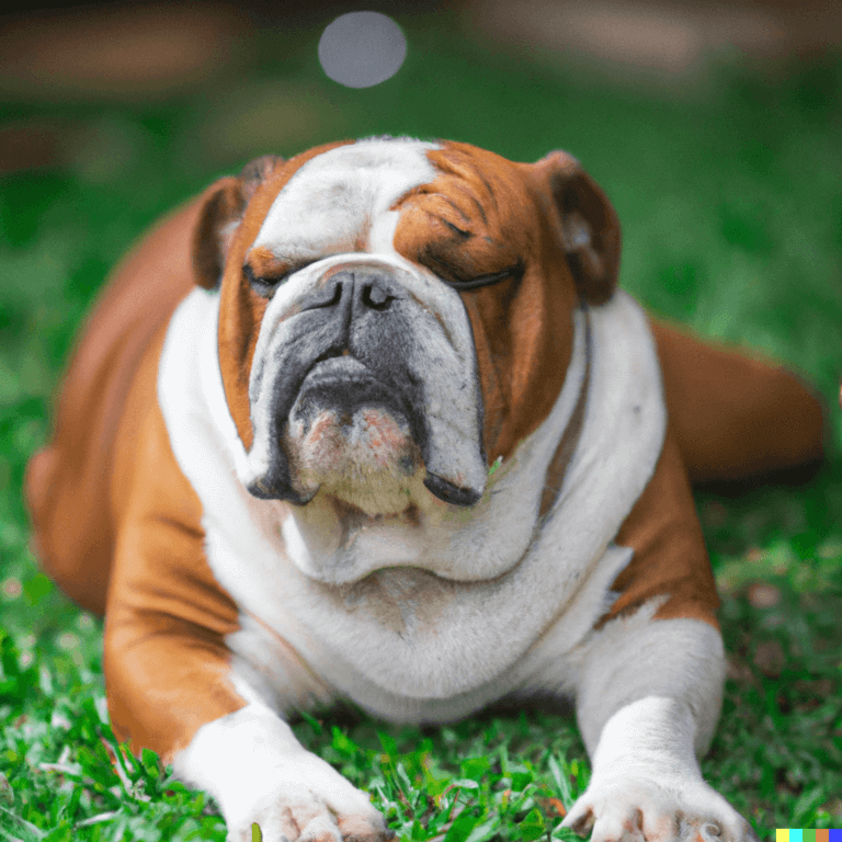 Slowest Dog in the World. A close-up of a bulldog, the slowest dog breed in the world, sitting in a relaxed posture in a green grassy field, highlighting the peaceful and low-energy nature of the breed.