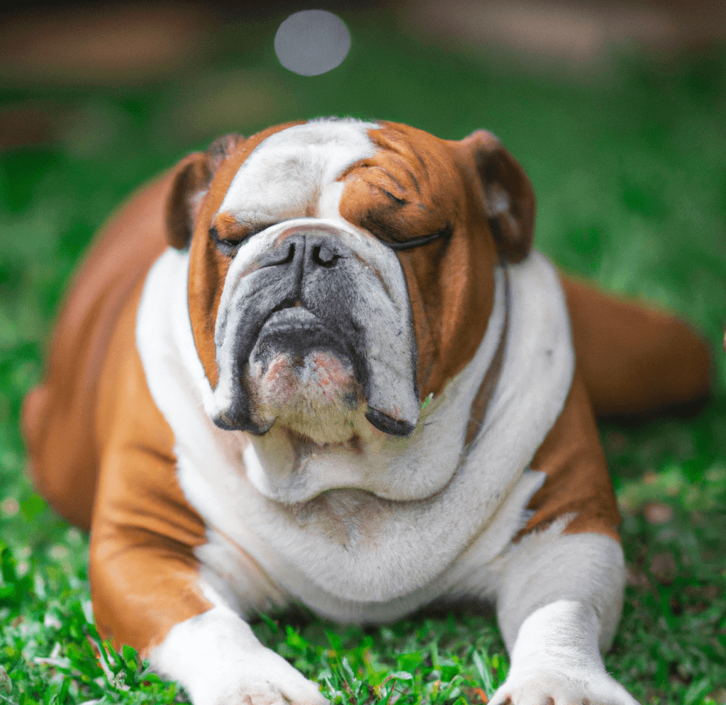Slowest Dog in the World. A close-up of a bulldog, the slowest dog breed in the world, sitting in a relaxed posture in a green grassy field, highlighting the peaceful and low-energy nature of the breed.