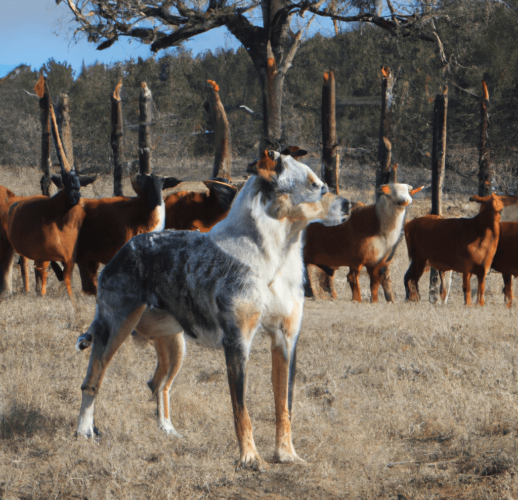 Hanging Tree Cowdog standing in pasture with herd of sheep