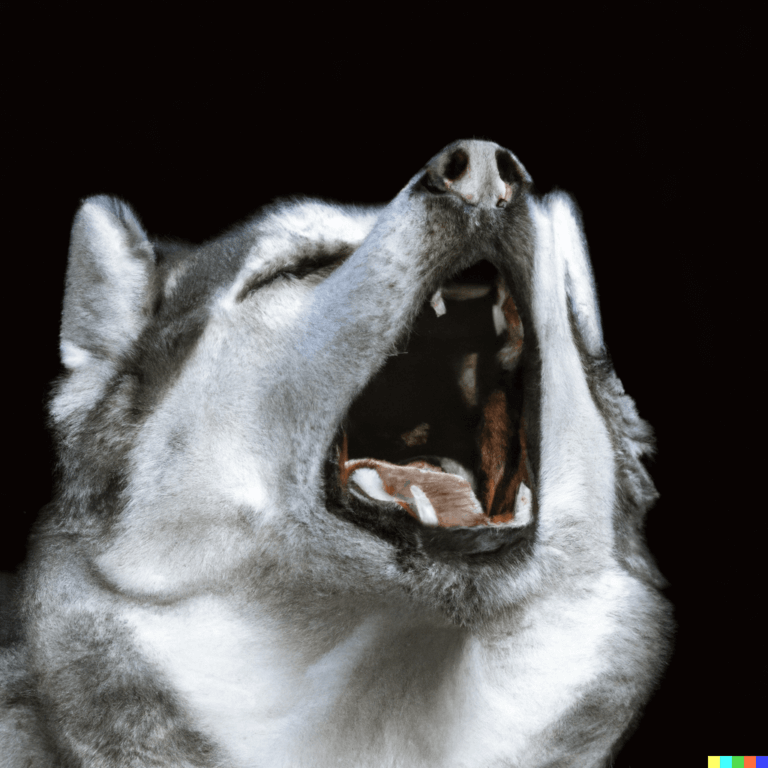 Why Do Dogs Howl? A close-up of a husky dog howling, with their mouth open and tongue slightly out, expressing their vocalization behavior