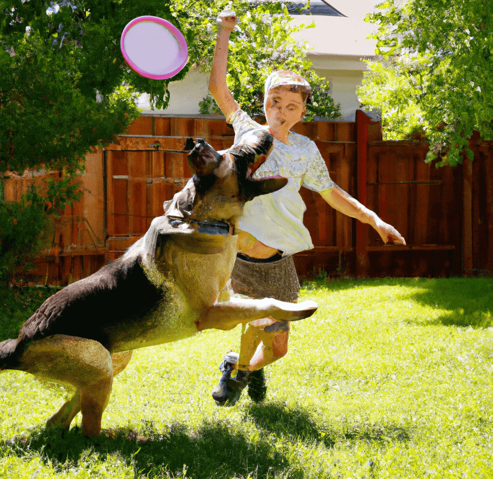 Achild and a German Shepherd playing in a sunny backyard